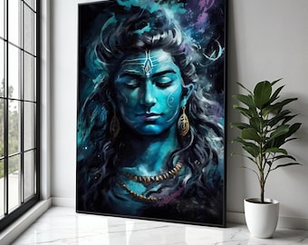Serene Lord Shiva portret canvas, blauwe hindoeïstische godheid kunst aan de muur, spirituele meditatie decor, Indiase mythologie cadeau kunst, decor van het huis, afdrukken