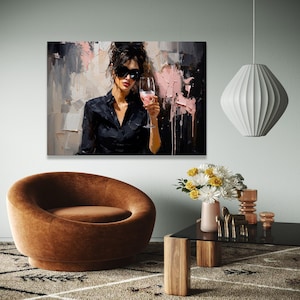 Elegant Woman with Wine Glass Canvas, Modern Portrait Wall Art, Chic Fashion Canvas, Contemporary Abstract Gift Art, Home Decor, Print