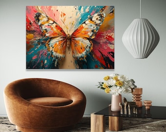 Vibrant Butterfly Canvas Wall Art, Colorful Abstract Splash, Nature-Inspired Home Decoration, Modern Butterfly Gift Art, Home Decor, Print