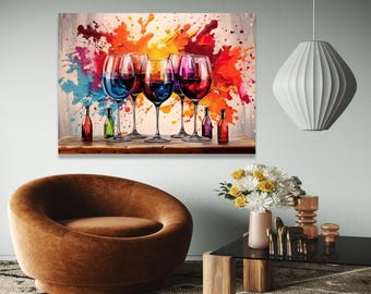 Bunte Weingläser Leinwand Kunst, Abstrakte Spritzmalerei, Weinflasche Wanddekoration, Lebendige Bar Szene Leinwand, Geschenk Kunst, Wohnkultur, Druck
