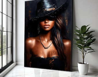 Elegant Woman in Black Hat Canvas, Fashion Portrait Wall Art, Modern Glamour Canvas, Chic Style Decor, Gift Art, Home Decor, Print