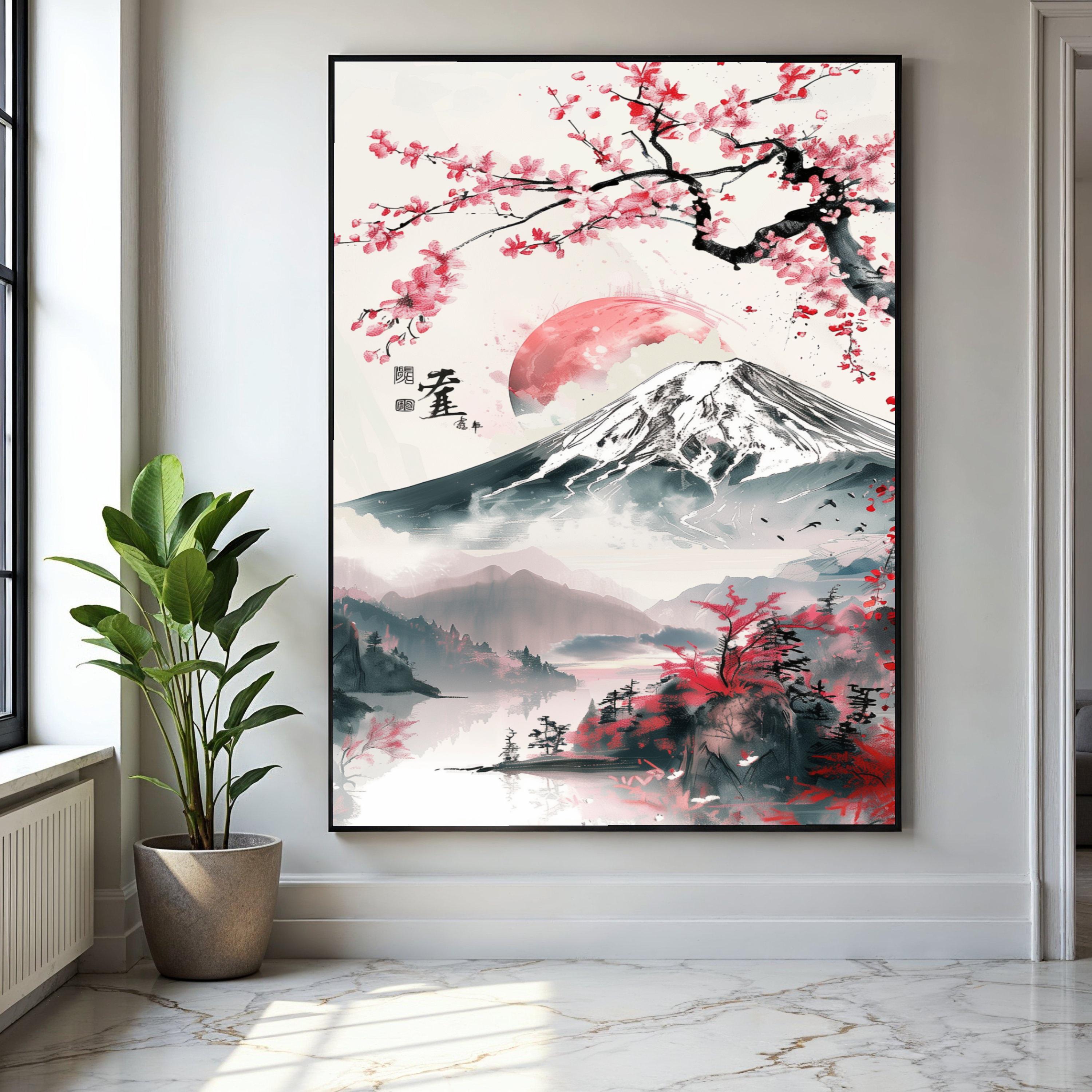 桜の日の出、富士山のキャンバス、日本の風景画、桜の木の壁飾り
