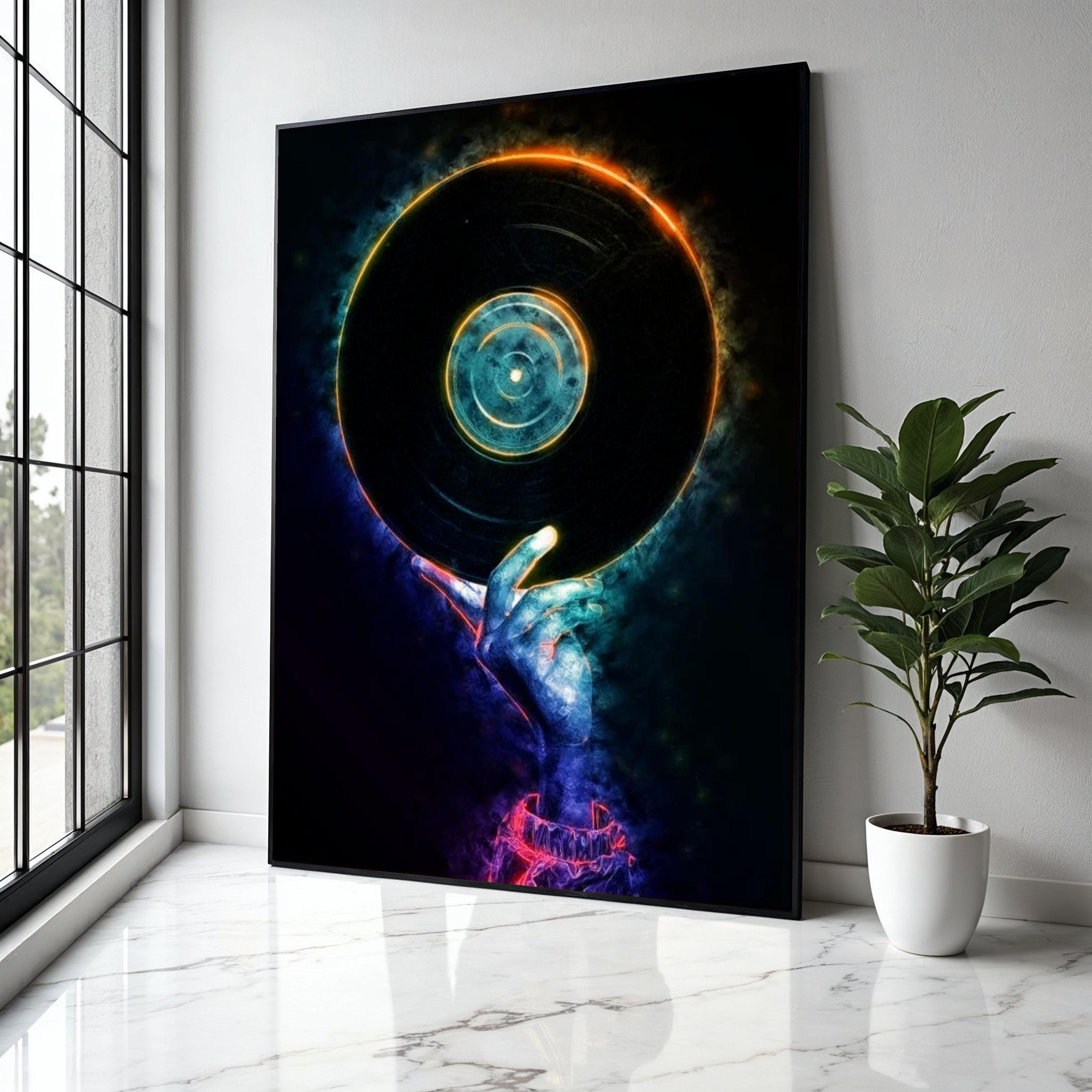 アート・デザイン・音楽 Per Maning Neon DJ Hand Holding Vinyl Record Canvas, Music Party Wall Art