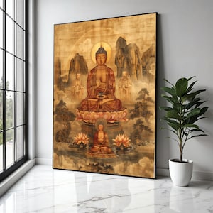 Serene Buddha Meditation Canvas Wall Art, Traditional Asian Spiritual Painting, Lotus Flower Buddhism Decor, Gift Art, Home Decor, Print