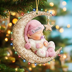 Personalized Baby's First Christmas On The Moon Ornament: Acrylic Moon Keepsake