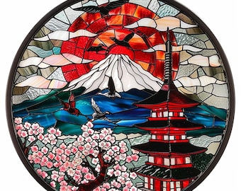 Mount Fuji - Honshu, Japan: Stained Glass Style Window Hanging