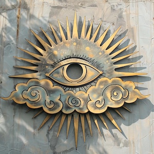 May include: A wooden wall art piece featuring a stylized eye within a sunburst design, with clouds below. The artwork has a gold and blue color scheme, with a distressed finish. The eye is the focal point, with detailed lines and shading.