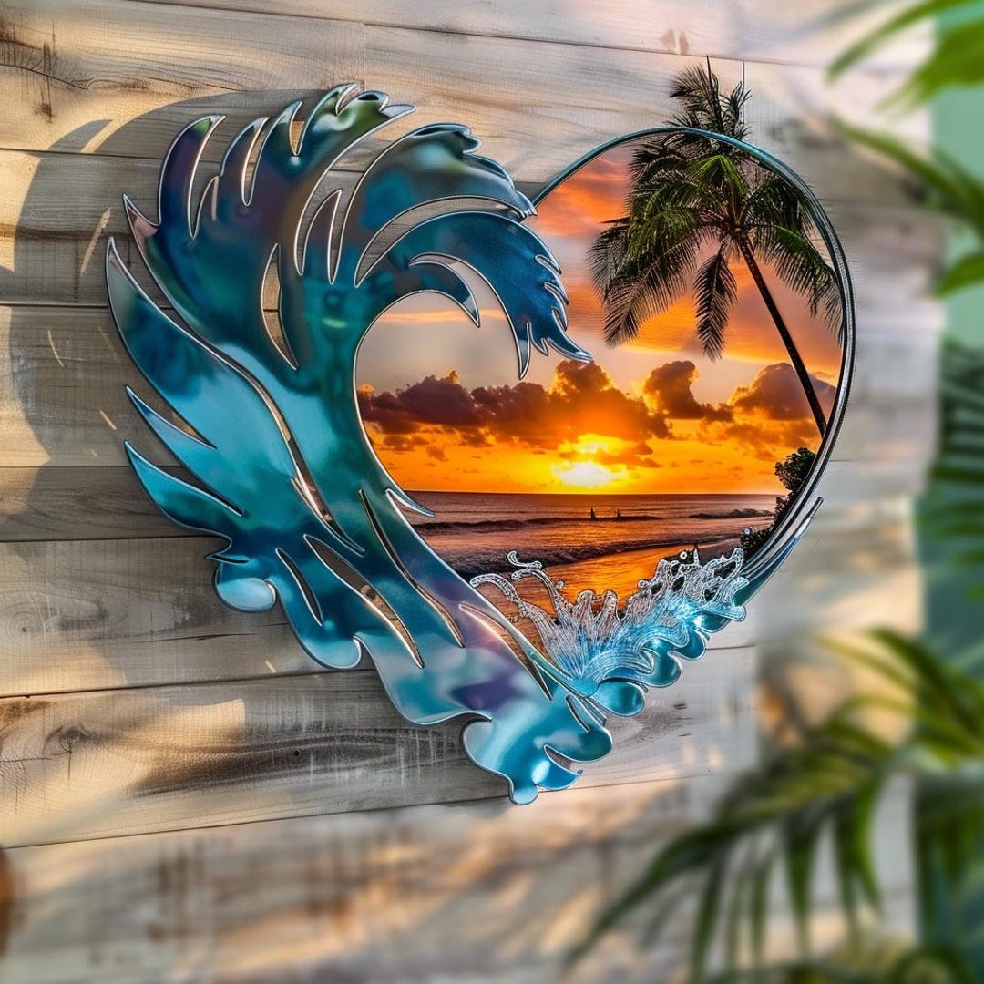 Heart Ocean Wave Metal Wall Art, Sunset Beach Palm Tree Coastal Decor ...