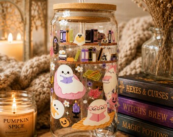 Schattig spookvormig glazen kopje met bamboe deksel, griezelig boekachtig glas voor ijskoffie, Halloween leesbeker, gezellig cadeau met herfstthema