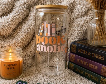 Bookaholic Glass Can Tumbler | Book Lover Iced Coffee Cup | Cute Reading Glass Cup with Bamboo Lid & Straw | Reader Gift for Her