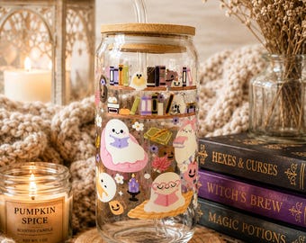 Cozy Ghost Reading Glass Can Cup with Bamboo Lid & Glass Straw | Bookish Halloween Tumbler | Cute Spooky Bookshelf Iced Coffee Cup