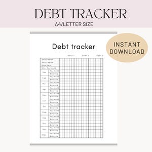 Puede incluir: Un rastreador de deudas imprimible blanco con el título "DEBT TRACKER" en la parte superior. El documento es de tamaño A4/Carta e incluye secciones para el nombre de la deuda, la fecha de vencimiento y el seguimiento de los pagos mensuales. Una pegatina de "DESCARGA INSTANTÁNEA" está a la derecha.
