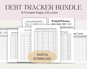 May include: A collection of eight printable debt tracker pages in US Letter size. The pages include a visual debt progress chart, yearly debt overview, and a snowball/avalanche planner. The words "DEBT TRACKER BUNDLE" and "DIGITAL DOWNLOAD" are visible.