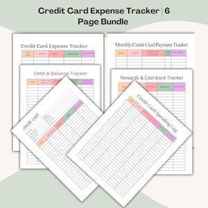 May include: A bundle of six printable credit card expense trackers. The pages include sections for tracking expenses, payments, rewards, and balances. The pages have a white background with colorful headers and grid lines.