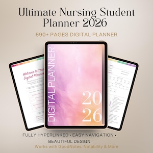 Peut inclure: Un planificateur numérique pour étudiants en soins infirmiers, intitulé "Ultimate Nursing Student Planner 2026". Le planificateur présente un design aquarelle rose et violet et comprend le texte "DIGITAL PLANNER" et "2026". Il est annoncé comme entièrement hyperlié avec une navigation facile et un beau design.