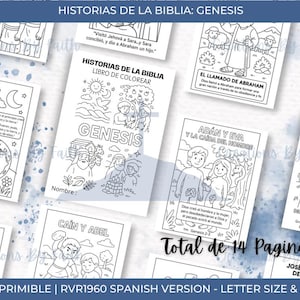 Op de afbeelding: Een verzameling afdrukbare kleurplaten met Bijbelverhalen uit Genesis, waaronder Adam en Eva, Kaïn en Abel en de Ark van Noach. De pagina's zijn in zwart-wit, met tekst in het Spaans. De set bevat 14 pagina's.