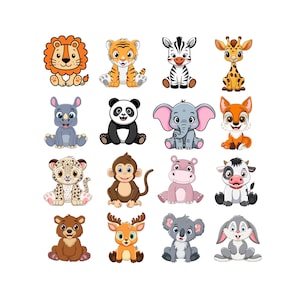 Peut inclure: Une collection de seize animaux de dessins animés, dont un lion, un tigre, un zèbre, une girafe, un rhinocéros, un panda, un éléphant, un renard, un léopard, un singe, un hippopotame, une vache, un ours, un cerf, un koala et un lapin.