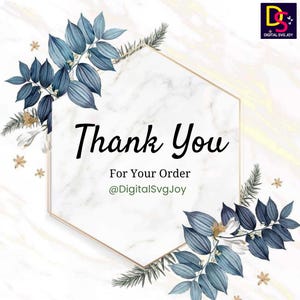 May include: A thank you card with a marble hexagon design. The words "Thank You" are in black script, with "For Your Order" and the shop's social media handle below. The card is decorated with blue leaves and gold accents.