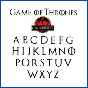 May include: A white background features the words "GAME OF THRONES" in black, with a logo of a dragon and the show's title. Below, the alphabet is displayed in a serif font. The image is framed by a blue border.