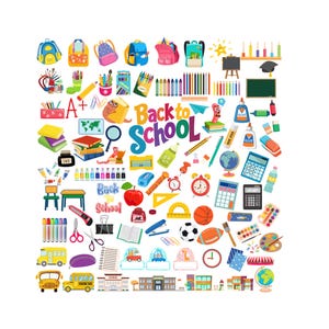 Puede incluir: Ilustración colorida con varios útiles escolares. Incluye mochilas, lápices, libros, un globo terráqueo, una calculadora y el texto «Back to School». También incluye una manzana roja, tijeras y un autobús escolar.