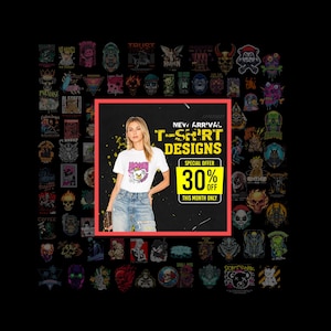 May include: A promotional image for T-shirt designs. A woman in a white t-shirt and jeans is featured in a red-bordered square. The shirt has a graphic. Text reads "NEW ARRIVAL T-SHIRT DESIGNS" with a "30% OFF" offer.