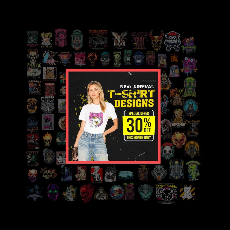 May include: A promotional image for T-shirt designs. A woman in a white t-shirt and jeans is featured in a red-bordered square. The shirt has a graphic. Text reads "NEW ARRIVAL T-SHIRT DESIGNS" with a "30% OFF" offer.