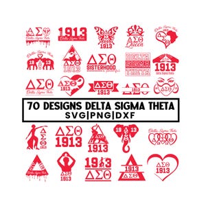 May include: A collection of 70 red Delta Sigma Theta designs in SVG, PNG, and DXF formats. The designs include various logos, symbols, and the year 1913, suitable for crafting and digital projects.