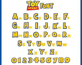 May include: A complete alphabet and number set in the "Toy Story" font style. The letters and numbers are yellow with a blue outline, set against a white background. The words "TOY FONT" and "STORY" are at the top.