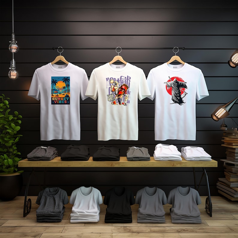 May include: Three white t-shirts with unique graphics hang on wooden hangers. One shirt features a sunset scene with text "Sunset Vibes." Another displays a cartoon character, and the third shows a grim reaper. Folded shirts in various colors are displayed below.