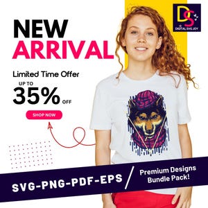 May include: White t-shirt featuring a detailed illustration of a wolf wearing a hat and scarf. The image includes text that reads "NEW ARRIVAL" and "Limited Time Offer up to 35% off". The image also includes the text "SVG-PNG-PDF-EPS" and "Premium Designs Bundle Pack!"