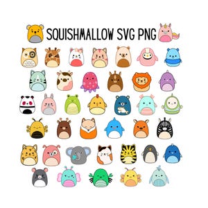 May include: A selection of cartoon animal characters in various colours, such as an owl, giraffe, cat, and bear. The text "SQUISHMALLOW SVG PNG" is displayed above the characters. The characters are in a variety of designs.