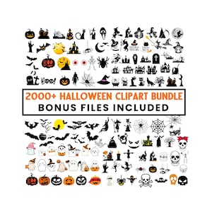 Può includere: Una raccolta di clipart a tema Halloween in bianco e nero. L'immagine include pipistrelli, streghe, fantasmi, zucche, ragni e il testo "2000+ Halloween Clipart Bundle Bonus Files Included."