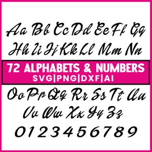 K&ouml;nnte beinhalten: Auf wei&szlig;em Hintergrund ein Alphabet und Zahlen in schwarzer, kursiver Schrift. Das Bild enth&auml;lt Gro&szlig;- und Kleinbuchstaben sowie die Zahlen 0-9. Ein pinkfarbenes Banner zeigt "72 ALPHABETS & NUMBERS SVG|PNG|DXF|AI".