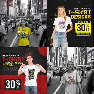 May include: Four images showcasing t-shirt designs. One features a yellow shirt with a cartoon character, another a white shirt with a bear graphic, and a third with a robot design. The fourth image shows a white shirt with a teddy bear graphic. Each image is set against a city backdrop.