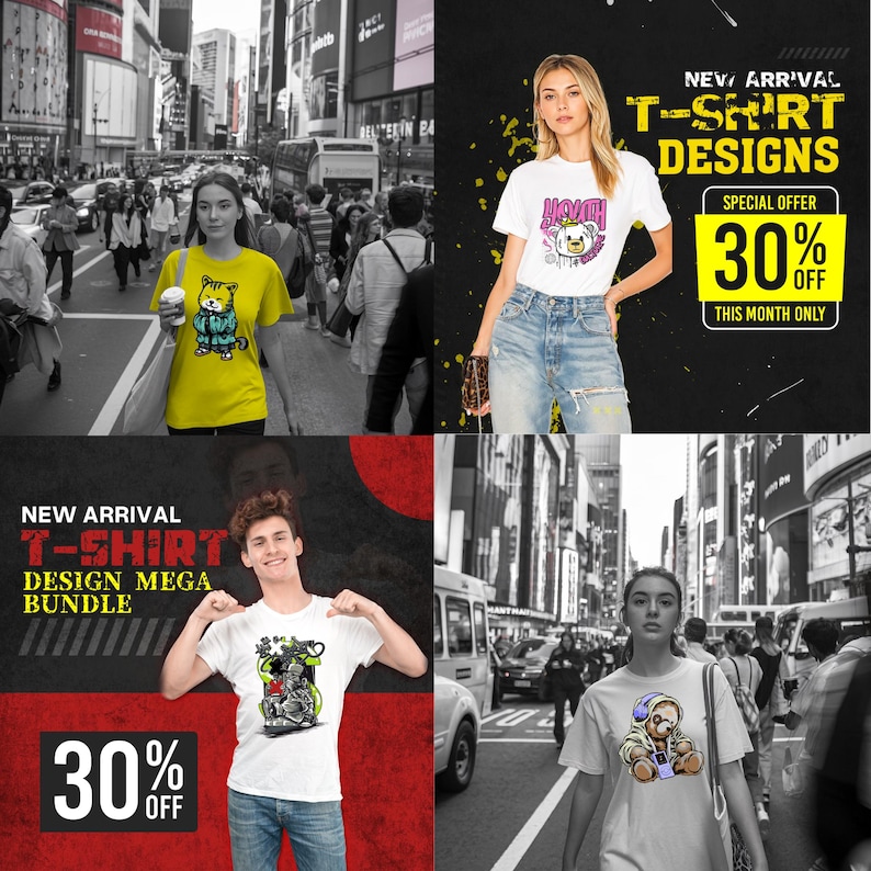May include: Four images showcasing t-shirt designs. One features a yellow shirt with a cartoon character, another a white shirt with a bear graphic, and a third with a robot design. The fourth image shows a white shirt with a teddy bear graphic. Each image is set against a city backdrop.
