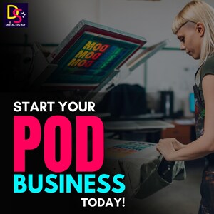 May include: Image promoting a print-on-demand business. A woman works with a screen printing machine, applying a design to a t-shirt. Bold text reads "START YOUR POD BUSINESS TODAY!" The logo "DIGITAL SVG JOY" is in the top left corner.