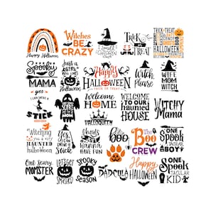May include: A collection of Halloween-themed designs in black and orange. The designs include phrases like "Happy Halloween," "Witches Be Crazy," and "Trick or Treat," along with various spooky graphics such as bats, ghosts, and pumpkins.