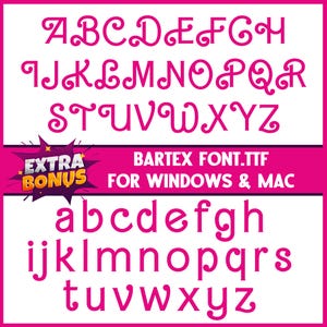 K&ouml;nnte beinhalten: Ein rosa Schriftart-Design mit Gro&szlig;- und Kleinbuchstaben. Die Gro&szlig;buchstaben haben dekorative Wirbel. Der Text "BARTEX FONT.TTF FOR WINDOWS & MAC" wird ebenfalls angezeigt. Das Bild hat einen wei&szlig;en Hintergrund.