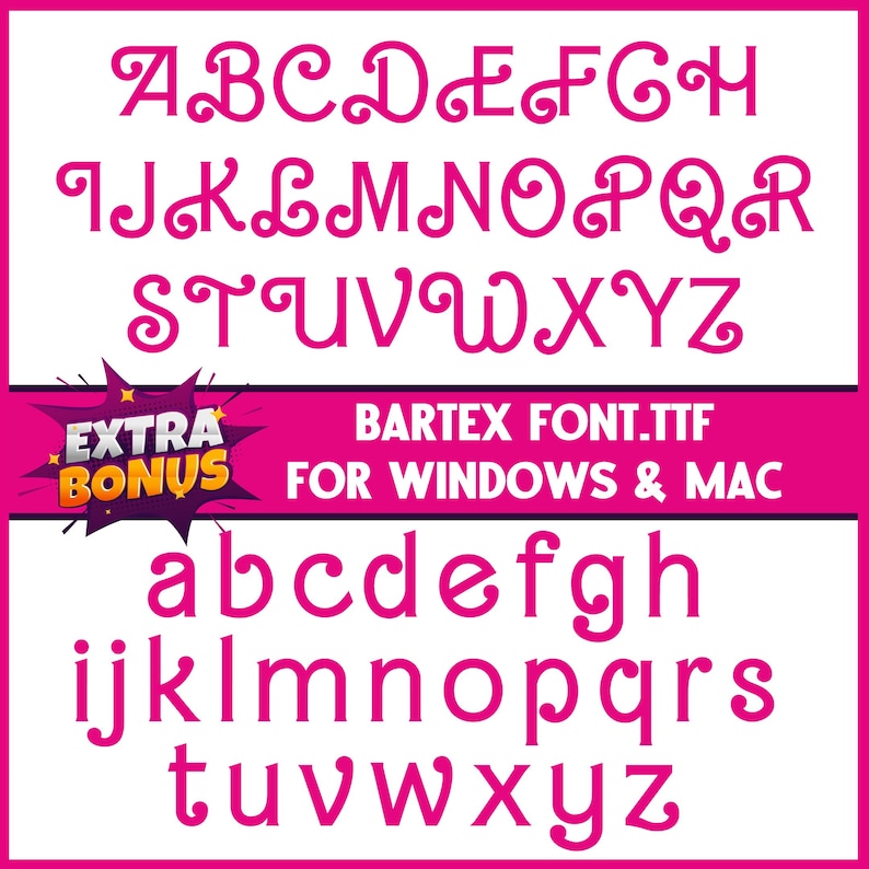 K&ouml;nnte beinhalten: Ein rosa Schriftart-Design mit Gro&szlig;- und Kleinbuchstaben. Die Gro&szlig;buchstaben haben dekorative Wirbel. Der Text "BARTEX FONT.TTF FOR WINDOWS & MAC" wird ebenfalls angezeigt. Das Bild hat einen wei&szlig;en Hintergrund.