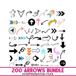 Op de afbeelding: Een verzameling handgetekende pijlen in verschillende stijlen en kleuren, waaronder zwart, blauw, roze en geel. De afbeelding bevat de tekst "200 ARROWS BUNDLE" en bestandsinfo.