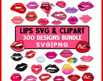 May include: A collection of colorful lip designs in various styles, including red, pink, and purple, with a variety of expressions. The image includes the text "LIPS SVG & CLIPART 300 DESIGNS BUNDLE SVG|PNG" on a pink background.