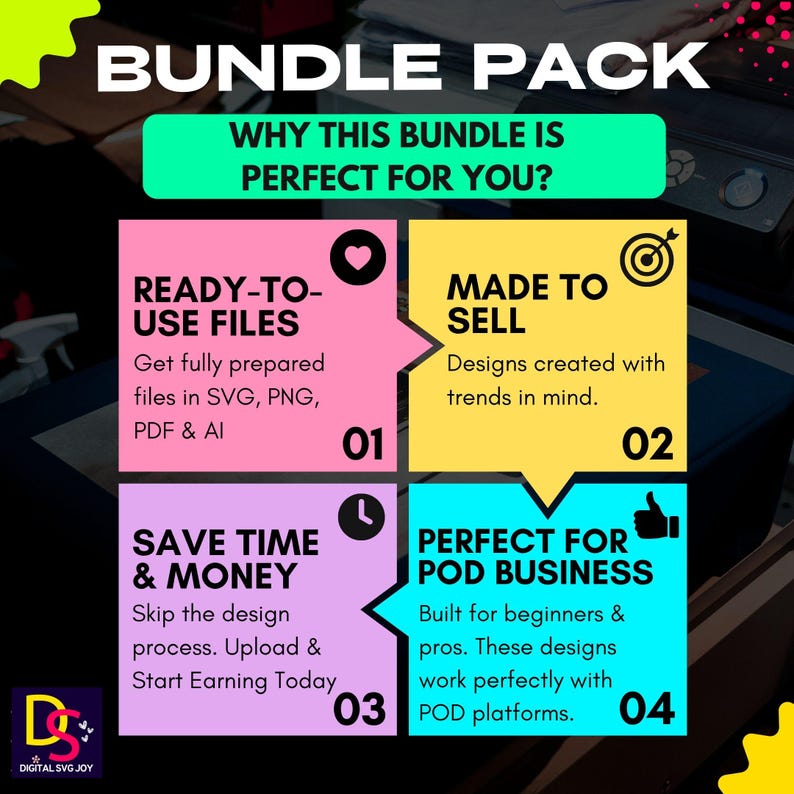 May include: A graphic promoting a bundle pack with the text "BUNDLE PACK" at the top. The image highlights the benefits of the bundle, including ready-to-use files, designs made to sell, time and money savings, and suitability for POD businesses.