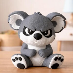 May include: A gray koala figurine with an angry expression. The koala has black eyes, a white belly, and white accents on its ears and feet. It is sitting on a wooden surface.