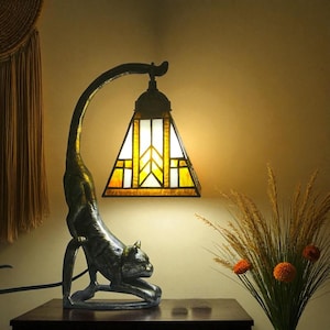 Vintage Katzen Tischlampe LED, kreative Glas Schreibtischleuchte für Schlafzimmer, niedliches Tier Geschenk, Frühlingssommer Dekor, Katzenliebhaber Weihnachtsgeschenk USA Halloween