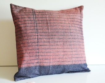 Pink Shadow Denim Pillow Cover, Hand Dyed Pink Blue Pillow, Dorm Decor, 14x14 Pillow Cover, Striped Pillow