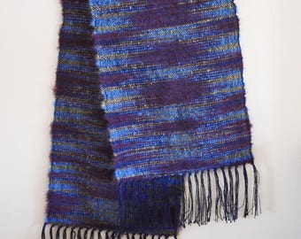 Handwoven Wool Scarf, Space Dyed Woven Wool Shawl, Blue, Maroon and Gold Hand Woven Scarf