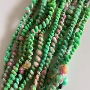 Green and Peach Wool Art Yarn, Weaving Yarn, Falkland Wool, Mohair, Wool Rayon Hand Spun Yarn, 10.5 yards, &quot;Watermelon Swirl&quot;