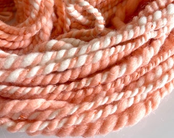 Handspun Peach Yarn, White Coils and Auto wrapped Speckles, Thick and Thin Corriedale and Falkland Wool, 37.5 Yards, 4.8 0z, "Peach Fuzz"