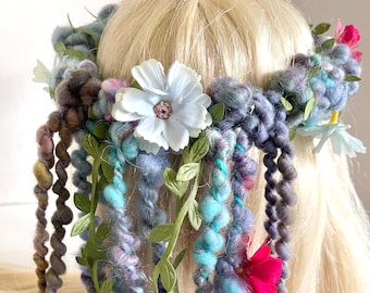 Fairy Flower Crown - Floral Crown - Festival Crown - Hand Dyed And Hand Spun Art Yarn Crown with Flowers "Wishing Dust”