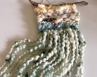 Coastal Decor, Woven Tapestry, Woven Wall Hanging, Art Yarn Weaving ”Sea Foam Beach"